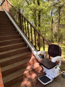 The Pilot Aviator E603 Outdoor Straight Stairlift with Dark Brown Upholstery