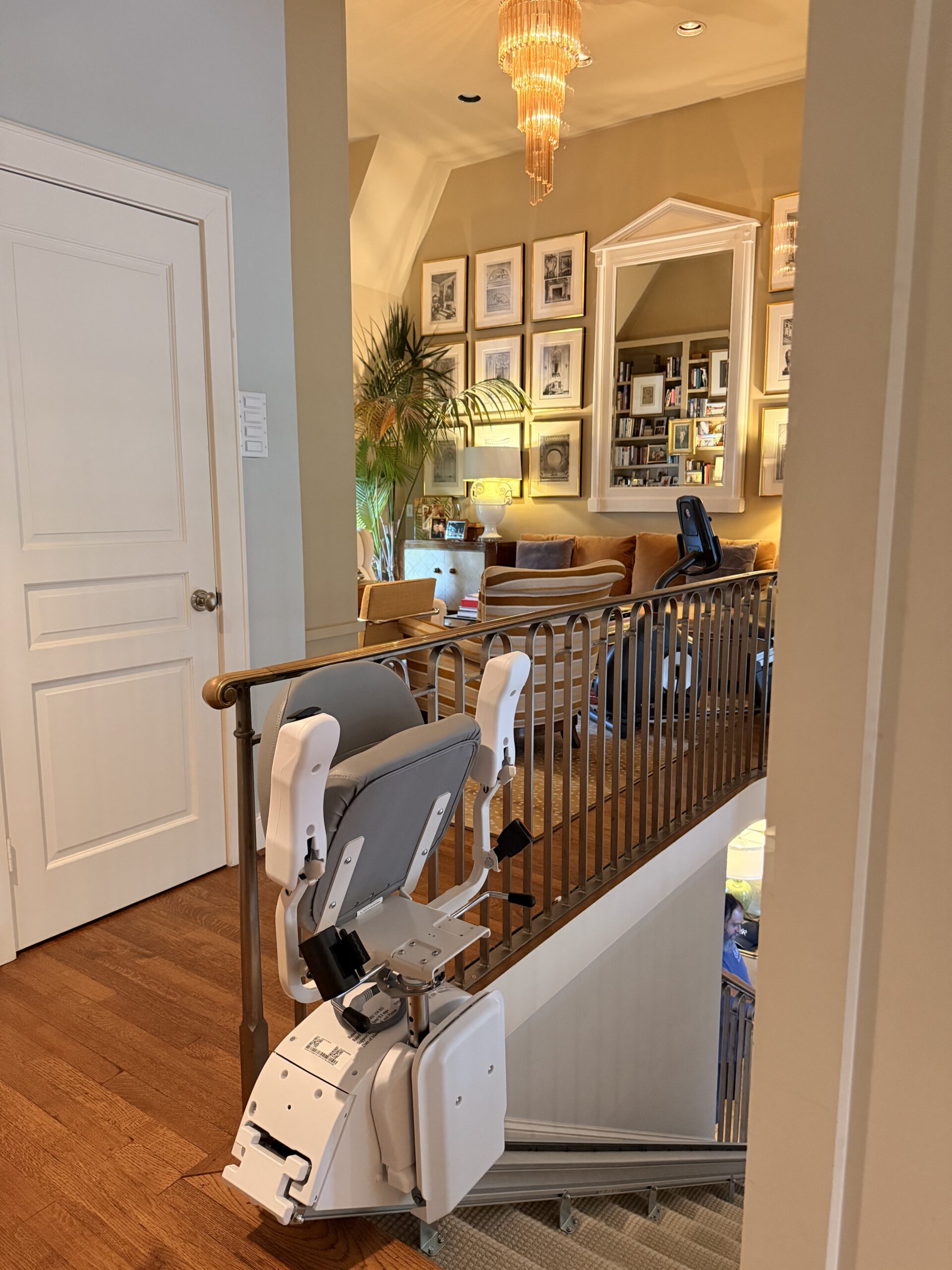 The Pilot Aviator E603 Straight Stairlift with Dark Brown Upholstery in 45° swivel position